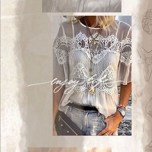 Solid Lace Round Neck Blouse